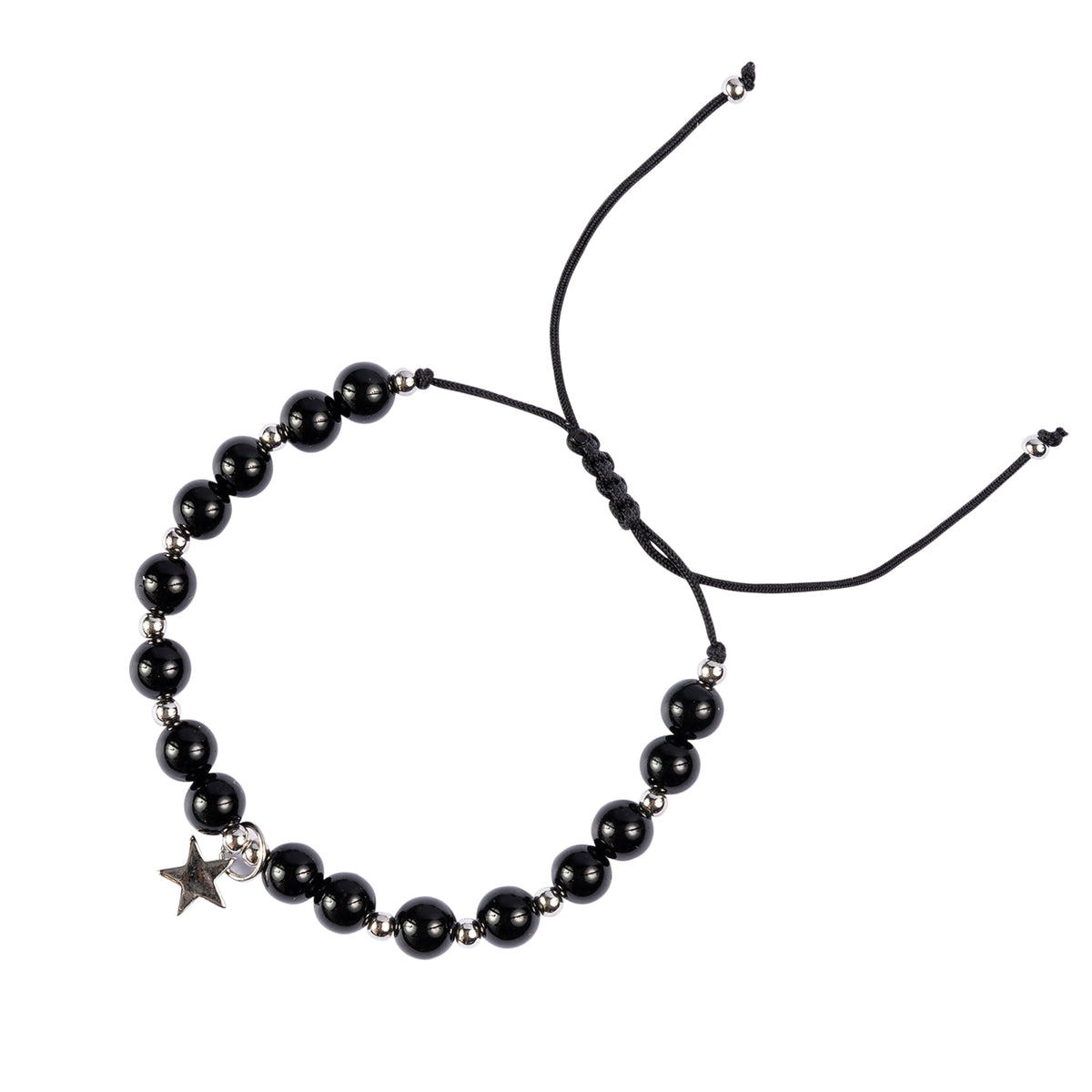STONE BEAD BRACELET 6 MM SHINY BLACK W/SILVER