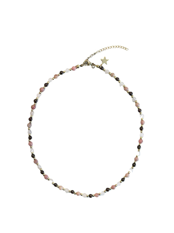 STONE BEAD NECKLACE 4 MM W/GOLD BEADS ROSE MIX