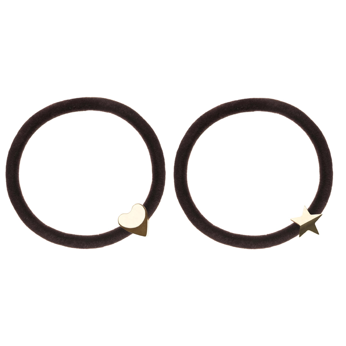 2 PK VELVET HAIR TIE CHOCOLATE BROWN W/GOLD HEART & STAR