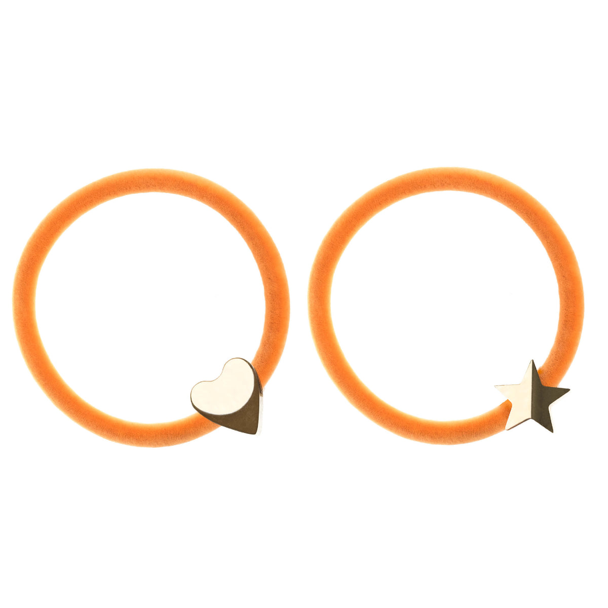 2 PK VELVET HAIR TIE PALE ORANGE W/GOLD HEART & STAR