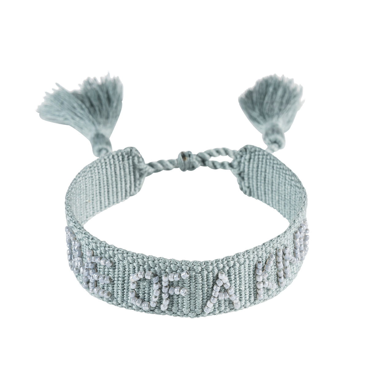 Woven Friendship Bracelet Thin W/Beaded Text "ONE OF A KIND" DUSTY TEAL