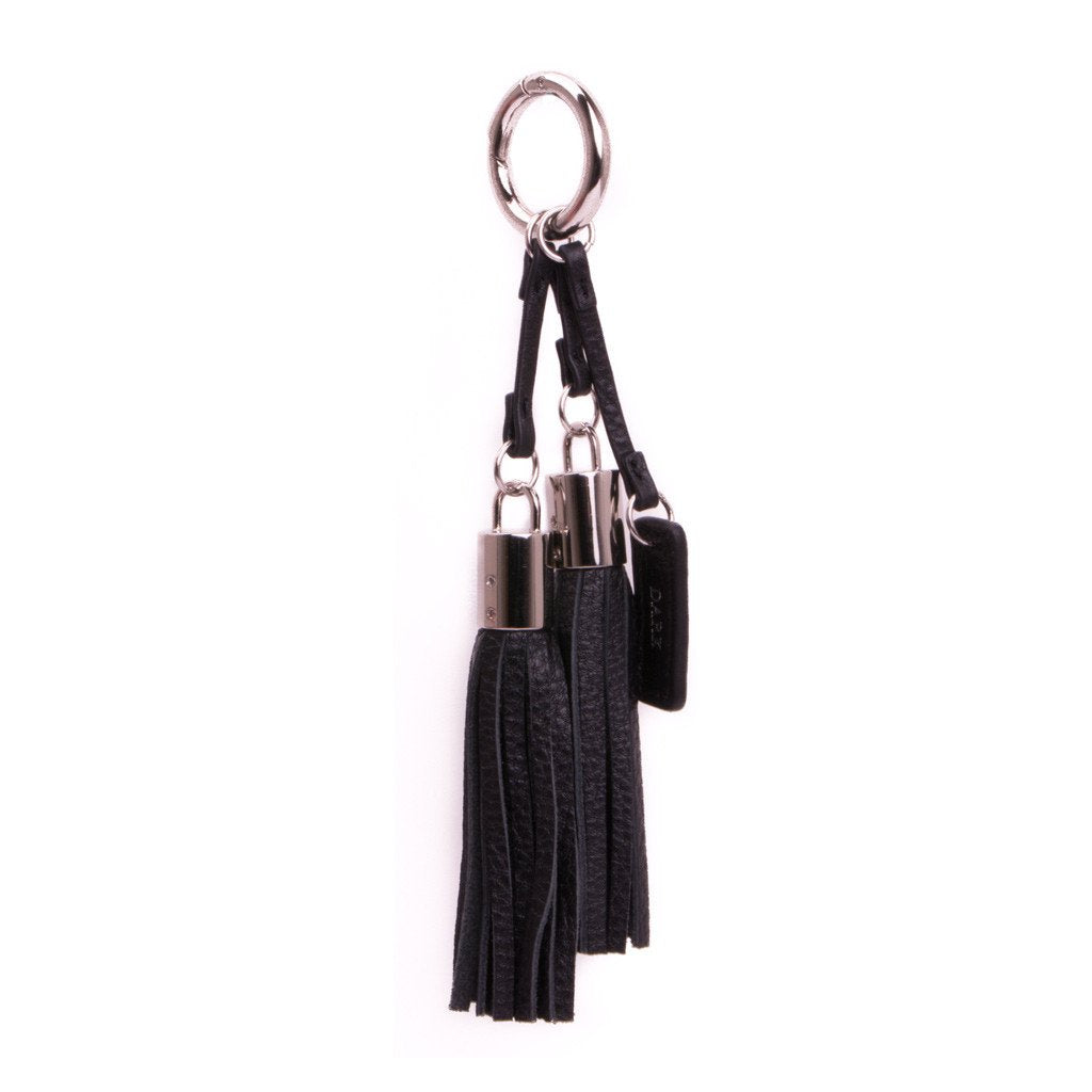 LEATHER TWIN TASSEL BLACK W/SILVER