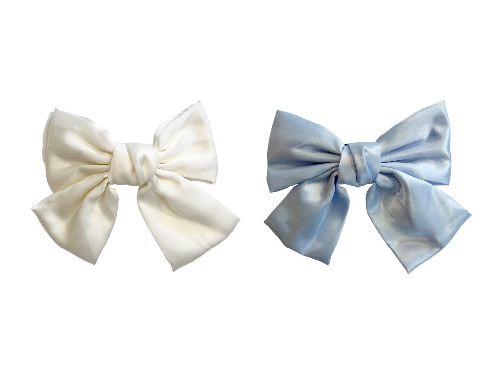 2 PK SOFT SATIN BOW HAIR CLIP OFF WHITE & LIGHT BLUE