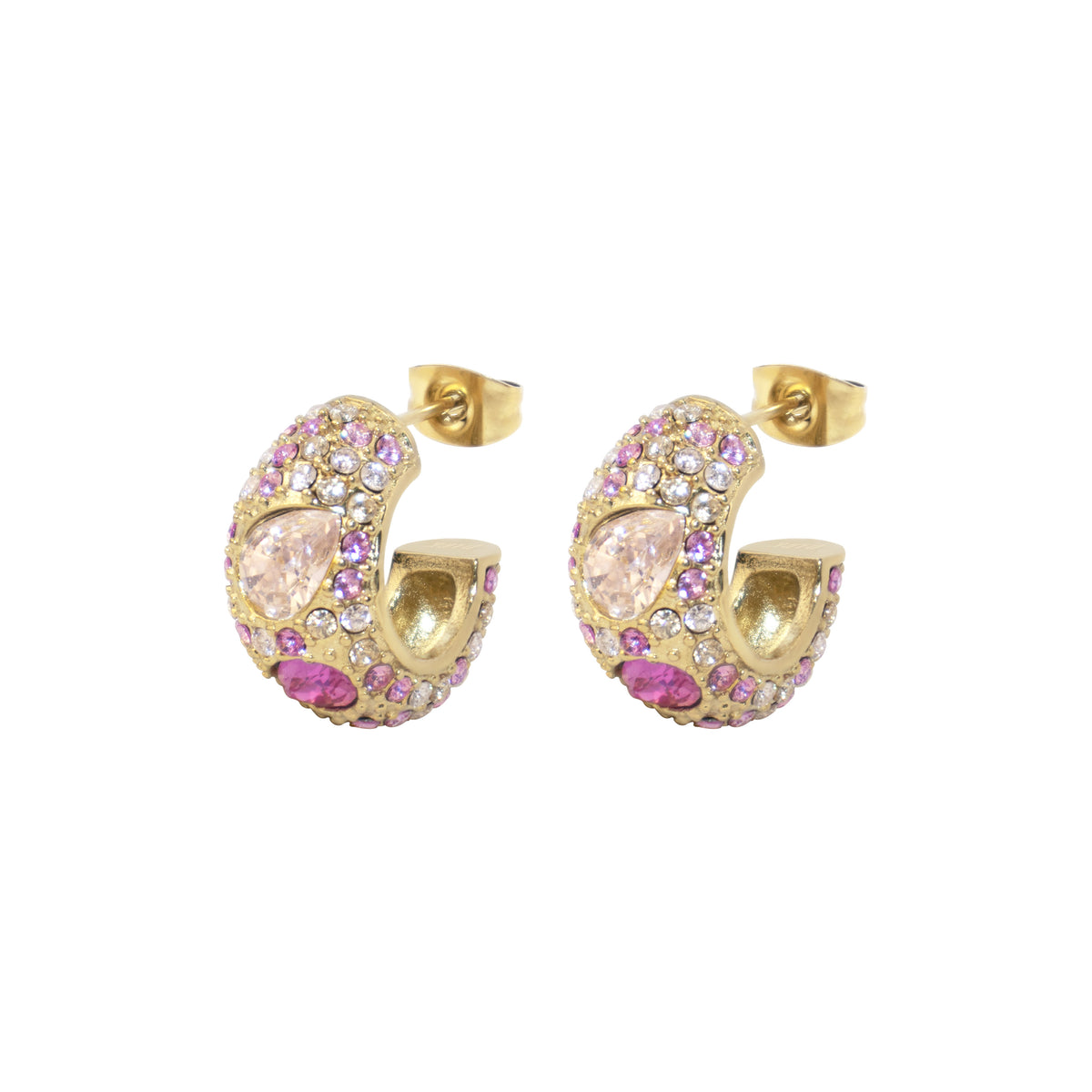 FULL BLING MULTISHAPED CRYSTAL CHUNKY CREOLE PINK & CHAMPAGNE MIX