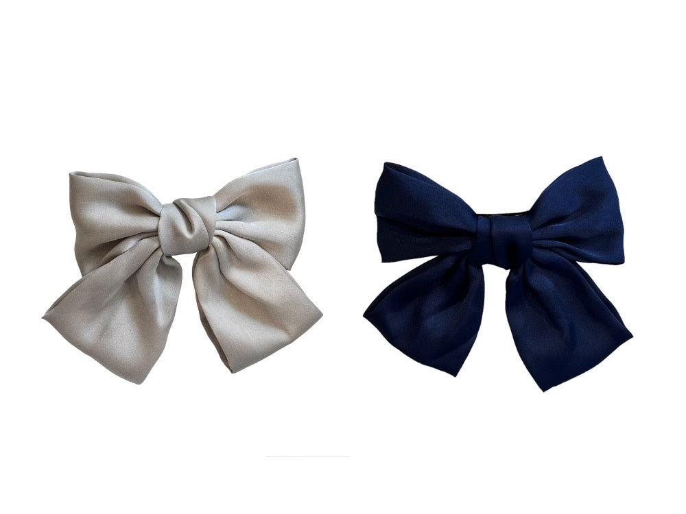 2 PK SOFT SATIN BOW HAIR CLIP GREY & NAVY BLUE