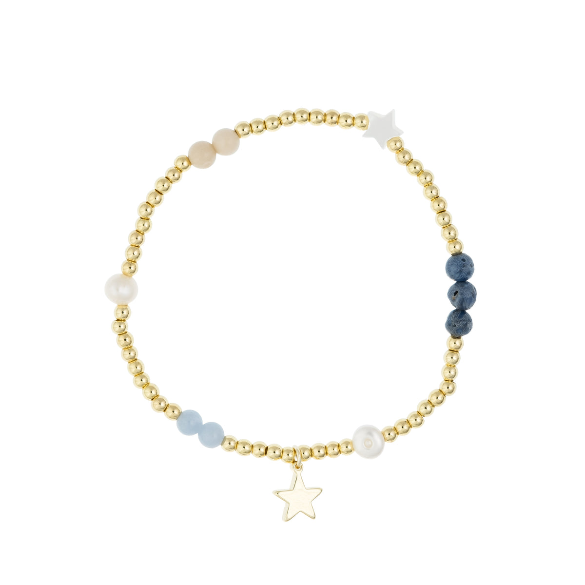 METAL BEAD BRACELET W/STONE BEADS & PEARLS BLUE & SAND MIX