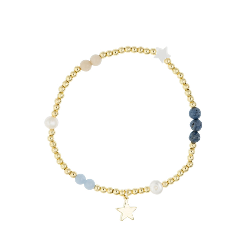 METAL BEAD BRACELET W/STONE BEADS & PEARLS BLUE & SAND MIX