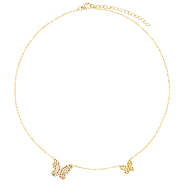 BUTTERFLY NECKLACE W/CRYSTALS PINK & YELLOW MIX