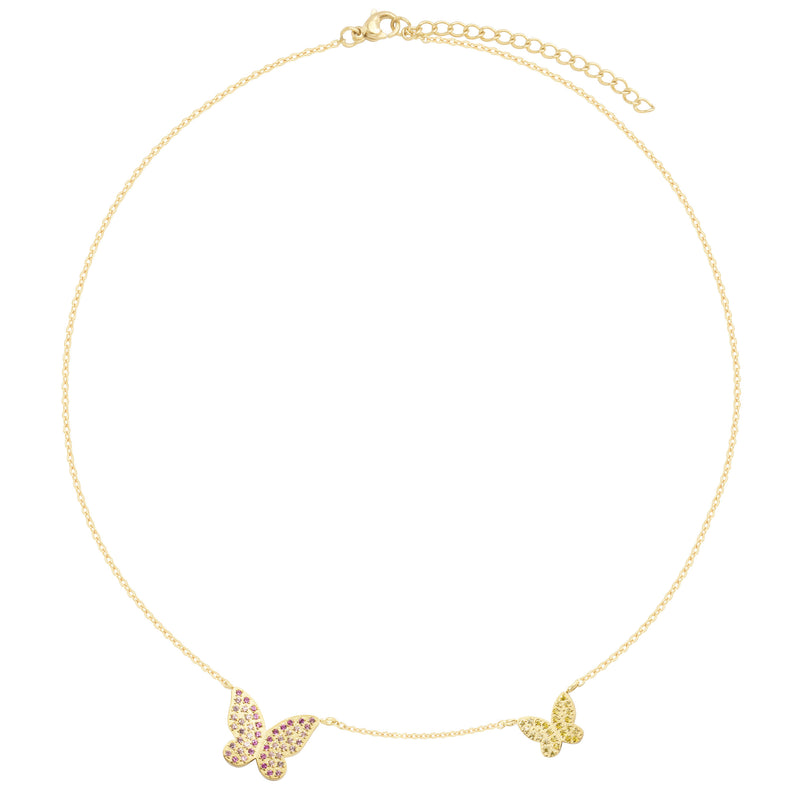 BUTTERFLY NECKLACE W/CRYSTALS PINK & YELLOW MIX