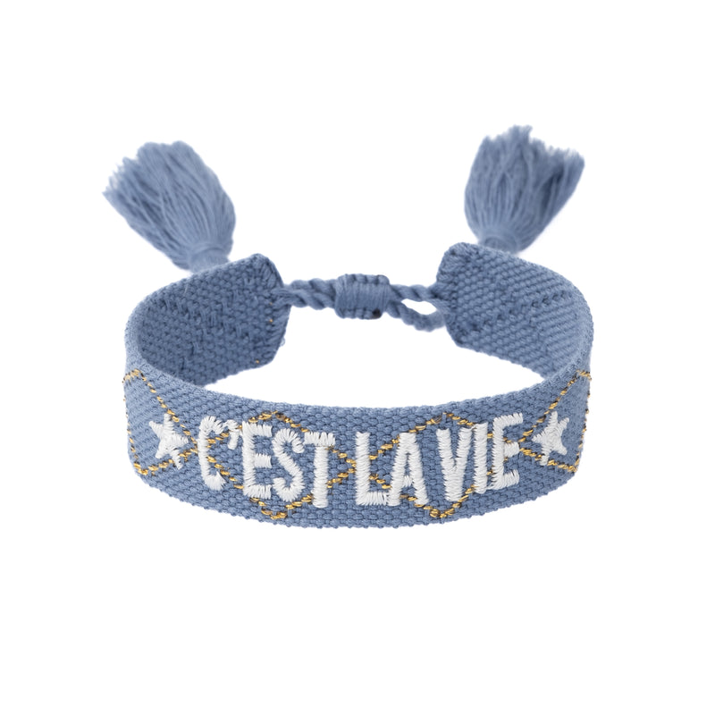 WOVEN FRIENDSHIP BRACELET "C'est La Vie" Light Blue W/Gold