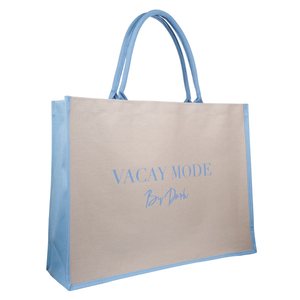 CANVAS TOTE LARGE "VACAY MODE" SAND W/IBIZA BLUE