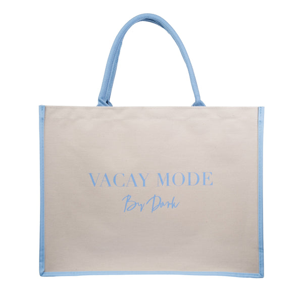 CANVAS TOTE LARGE "VACAY MODE" SAND W/IBIZA BLUE