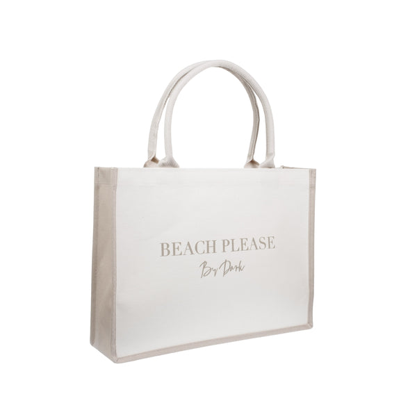 CANVAS TOTE MEDIUM "BEACH PLEASE" OFF WHITE W/SAND