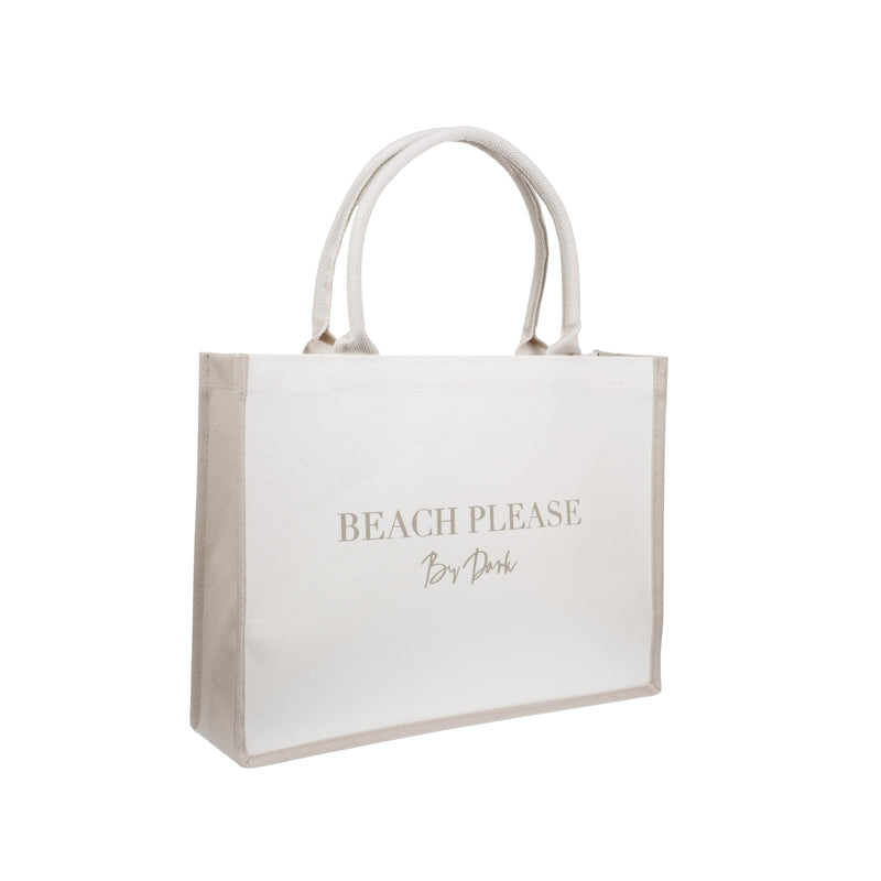 CANVAS TOTE MEDIUM "BEACH PLEASE" OFF WHITE W/SAND