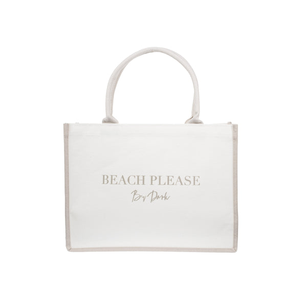 CANVAS TOTE MEDIUM "BEACH PLEASE" OFF WHITE W/SAND
