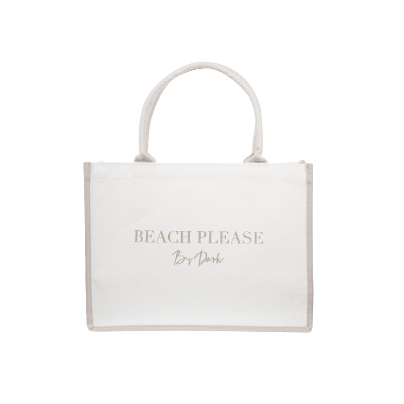 CANVAS TOTE MEDIUM "BEACH PLEASE" OFF WHITE W/SAND