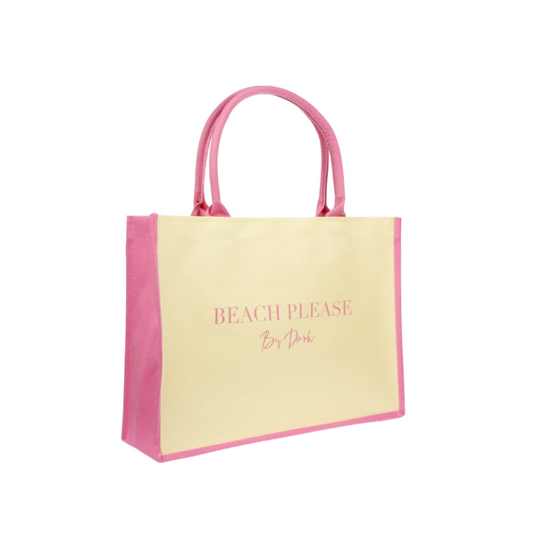 CANVAS TOTE MEDIUM "BEACH PLEASE" PALE YELLOW W/BUBBLEGUM PINK