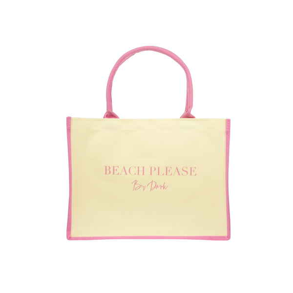 CANVAS TOTE MEDIUM "BEACH PLEASE" PALE YELLOW W/BUBBLEGUM PINK