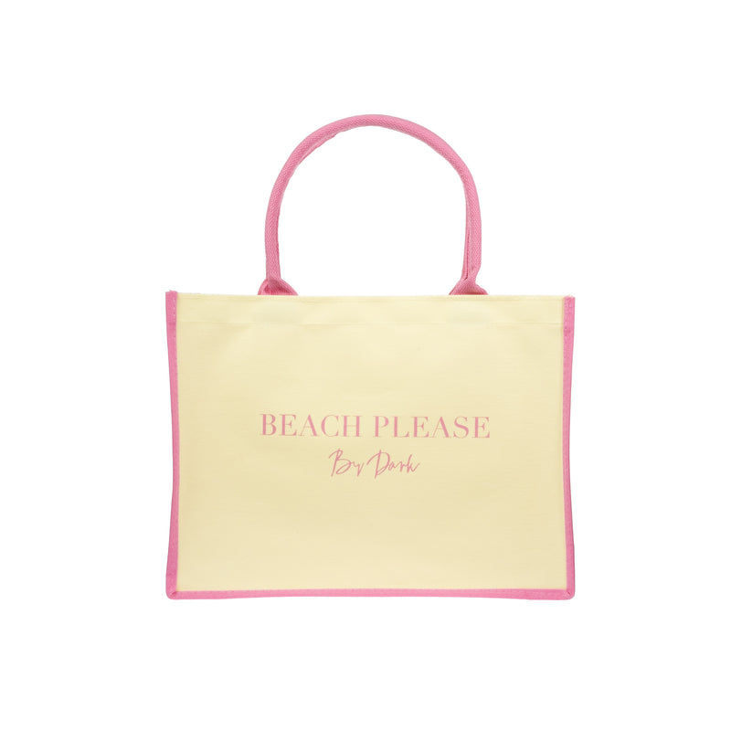 CANVAS TOTE MEDIUM "BEACH PLEASE" PALE YELLOW W/BUBBLEGUM PINK