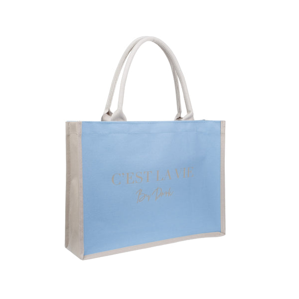CANVAS TOTE MEDIUM "C`EST LA VIE" IBIZA BLUE W/SAND