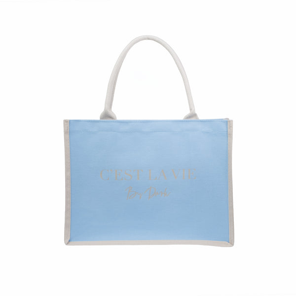 CANVAS TOTE MEDIUM "C`EST LA VIE" IBIZA BLUE W/SAND