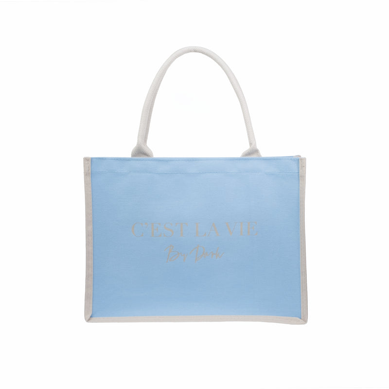 CANVAS TOTE MEDIUM "C`EST LA VIE" IBIZA BLUE W/SAND
