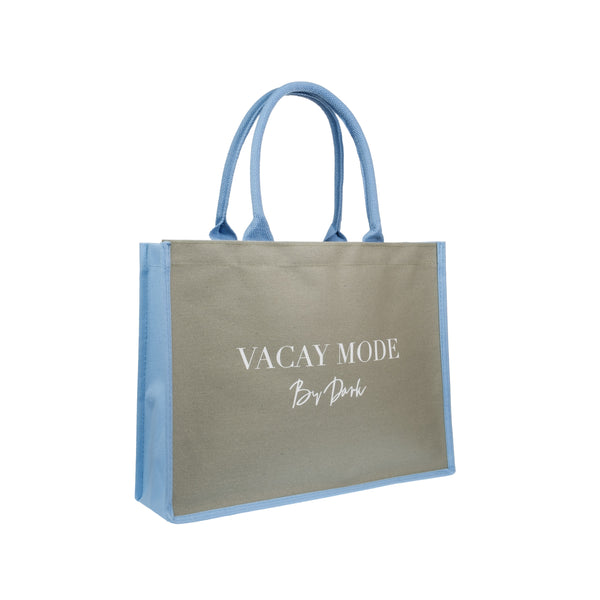 CANVAS TOTE MEDIUM "VACAY MODE" MILIEU GREEN W/IBIZA BLUE