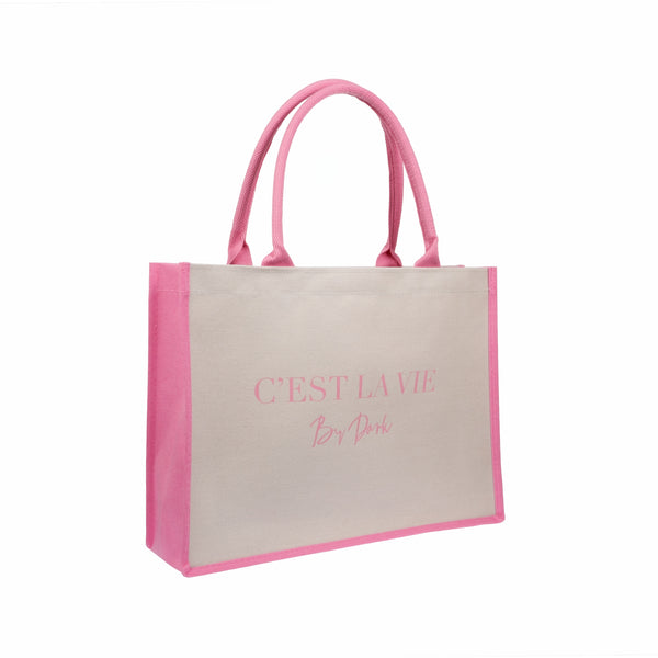 CANVAS TOTE MEDIUM "C`EST LA VIE" SAND W/BUBBLEGUM PINK