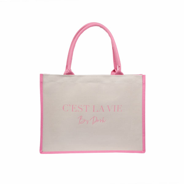 CANVAS TOTE MEDIUM "C`EST LA VIE" SAND W/BUBBLEGUM PINK