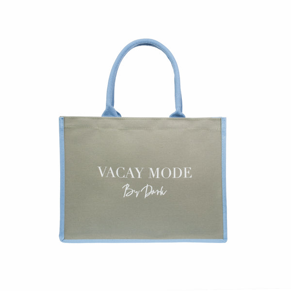 CANVAS TOTE MEDIUM "VACAY MODE" MILIEU GREEN W/IBIZA BLUE