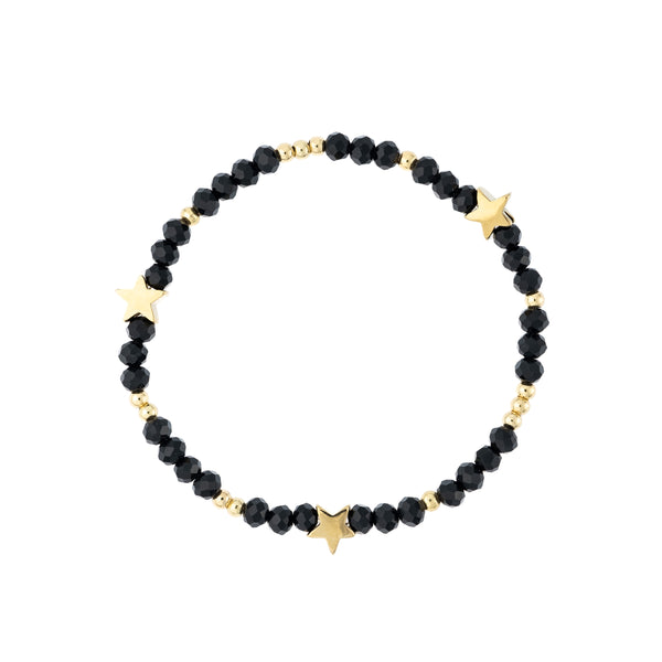 CRYSTAL BEAD BRACELET W/STAR & GOLD BEADS SPARKLED BLACK