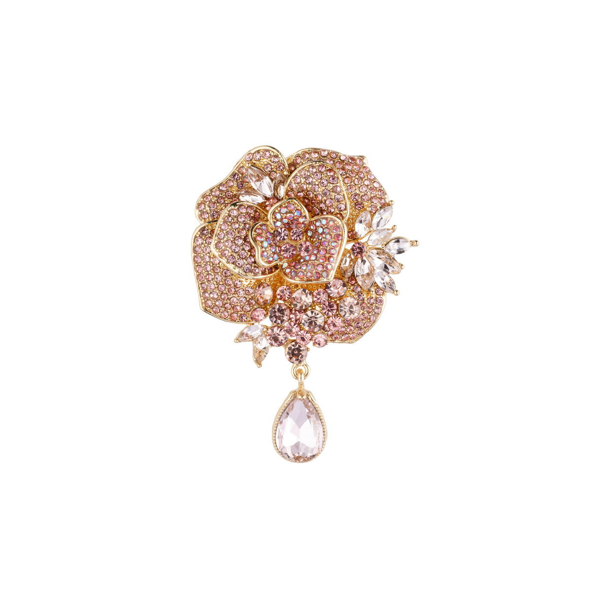 CRYSTAL ROSE DROP BROOCH PALE ROSE