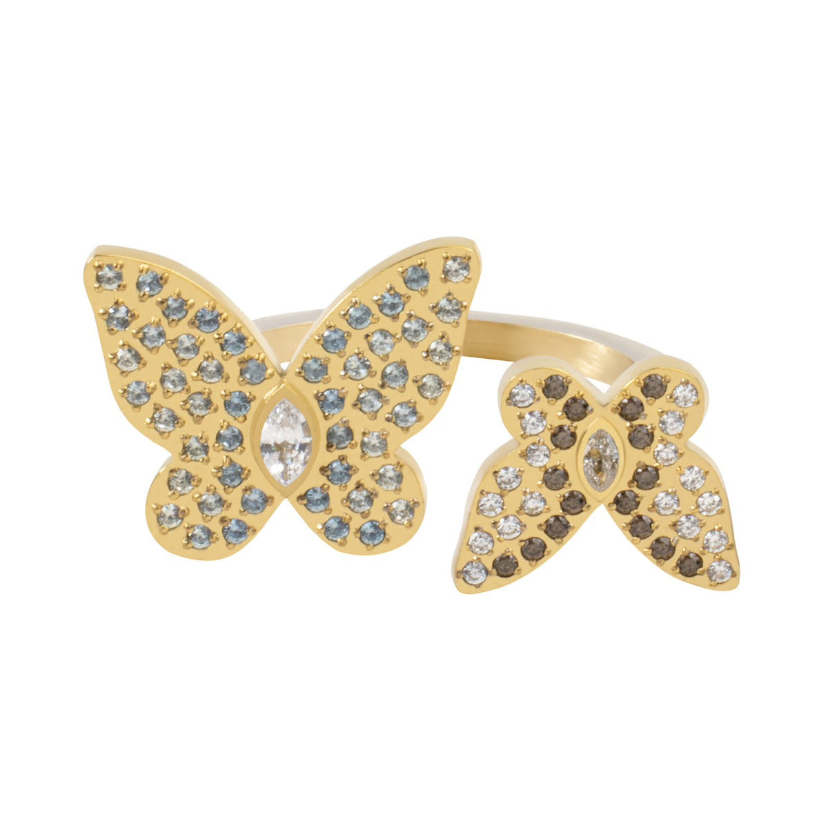 DOUBLE BUTTERFLY RING W/CRYSTALS BLUE & GREEN MIX