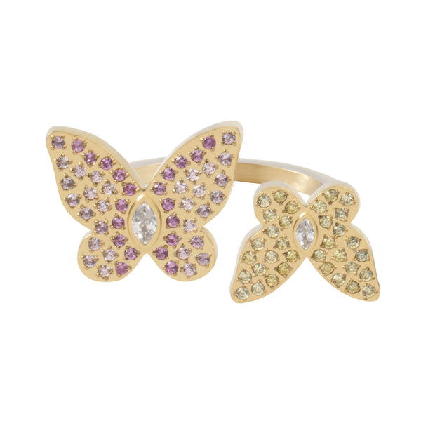 DOUBLE BUTTERFLY RING W/CRYSTALS PINK & YELLOW MIX