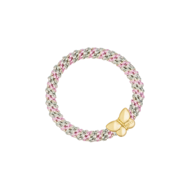 FAT HAIR TIE MILIEU GREEN & BUBBLEGUM PINK MIX W/BUTTERFLY
