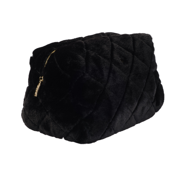 FAUX FUR QUILTED MAKE-UP POUCH LARGE BLACK