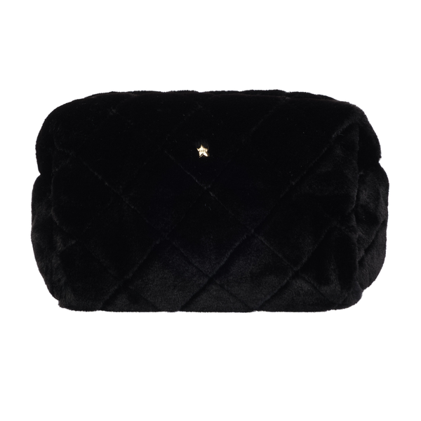 FAUX FUR QUILTED MAKE-UP POUCH LARGE BLACK