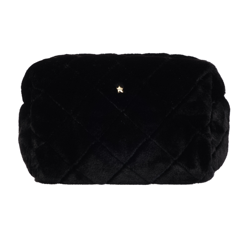 FAUX FUR QUILTED MAKE-UP POUCH LARGE BLACK