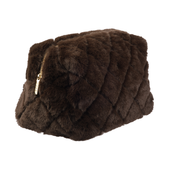 FAUX FUR QUILTED MAKE-UP POUCH LARGE CHOCOLATE BROWN