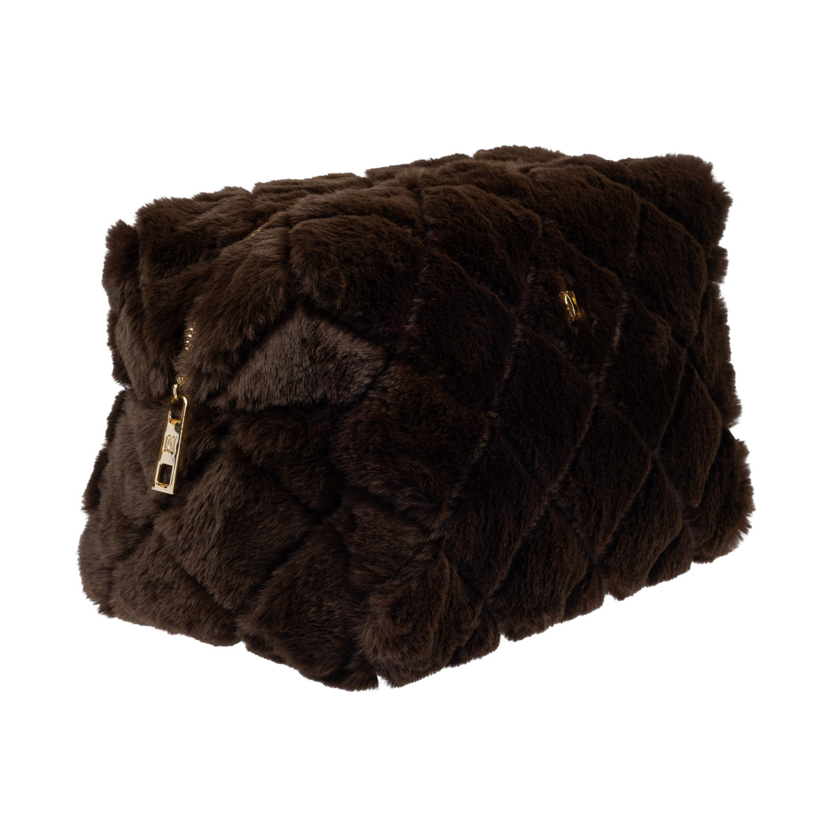 FAUX FUR QUILTED MAKE-UP POUCH LARGE CHOCOLATE BROWN