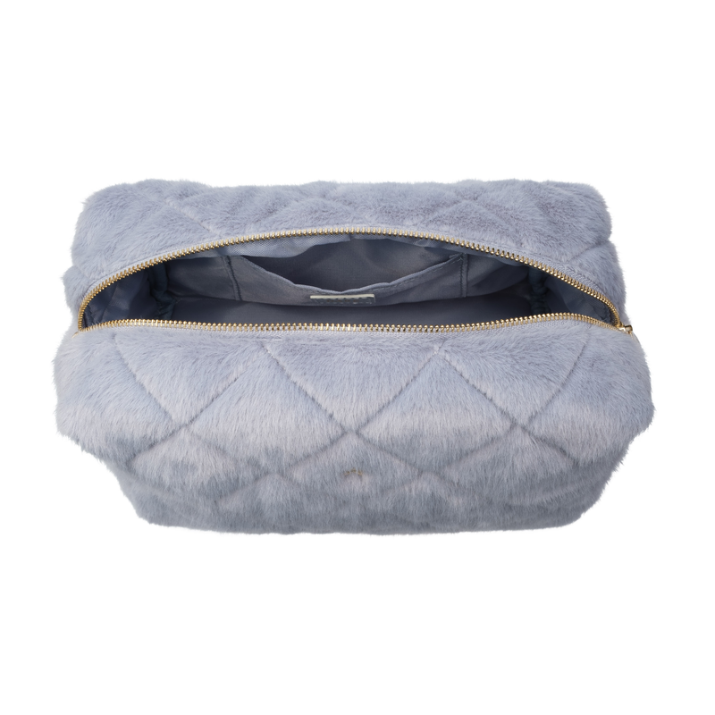 FAUX FUR QUILTED MAKE-UP POUCH LARGE COOL BLUE