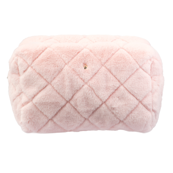 FAUX FUR QUILTED MAKE-UP POUCH LARGE PALE ROSE