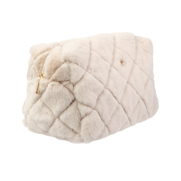 FAUX FUR QUILTED MAKE-UP POUCH LARGE SAND