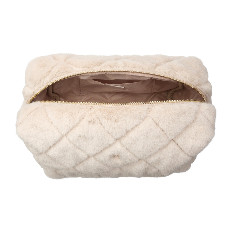 FAUX FUR QUILTED MAKE-UP POUCH LARGE SAND