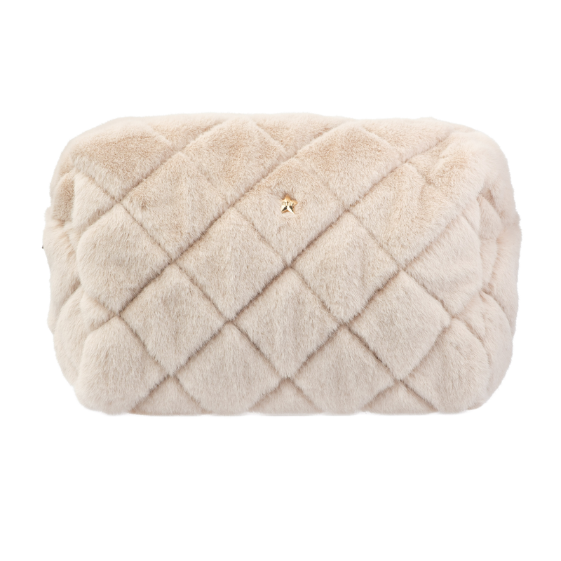 FAUX FUR QUILTED MAKE-UP POUCH LARGE SAND