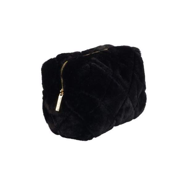 FAUX FUR QUILTED MAKE-UP POUCH SMALL BLACK