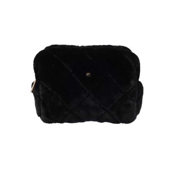 FAUX FUR QUILTED MAKE-UP POUCH SMALL BLACK