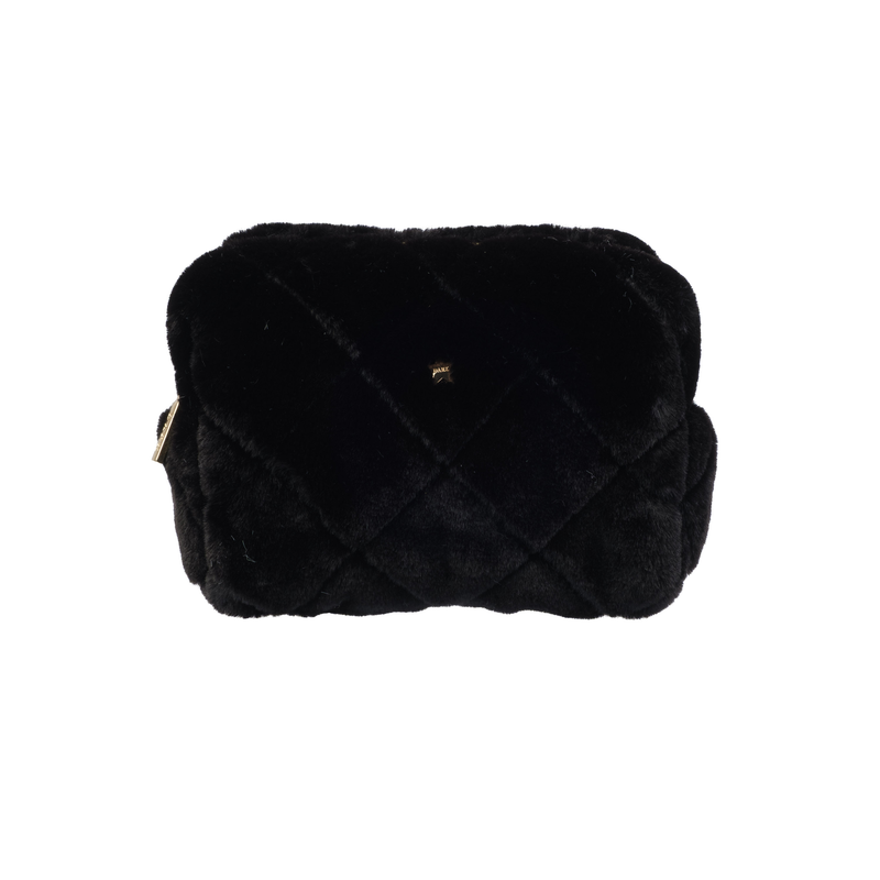 FAUX FUR QUILTED MAKE-UP POUCH SMALL BLACK
