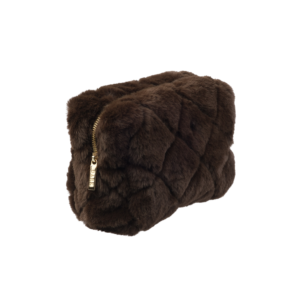 FAUX FUR QUILTED MAKE-UP POUCH SMALL CHOCOLATE BROWN