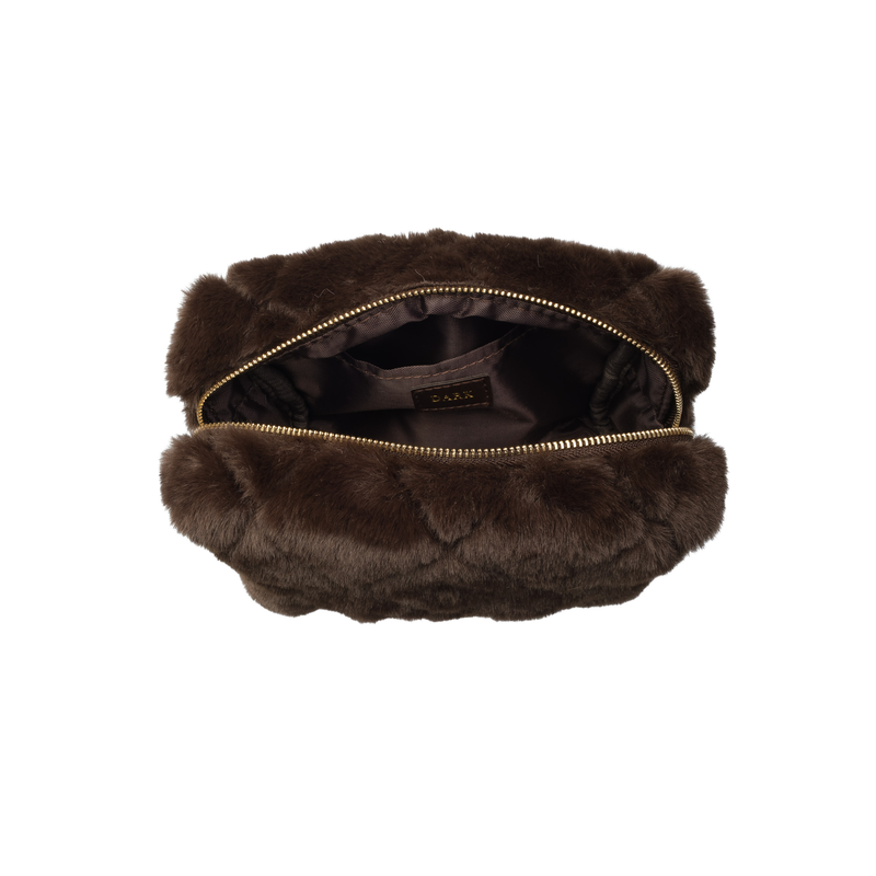 FAUX FUR QUILTED MAKE-UP POUCH SMALL CHOCOLATE BROWN